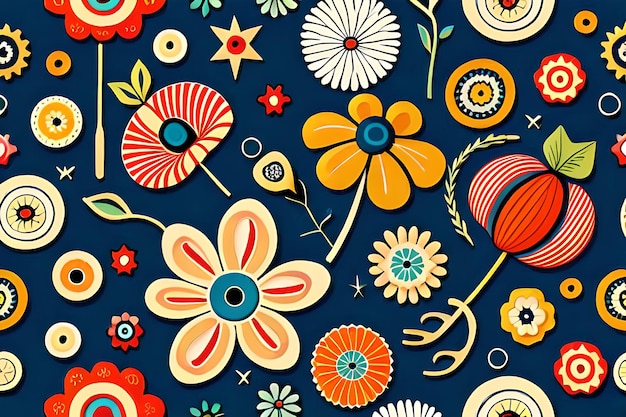 A colorful pattern with flowers and leaves on a dark blue background.