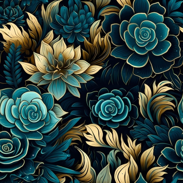 A colorful pattern with flowers and leaves.