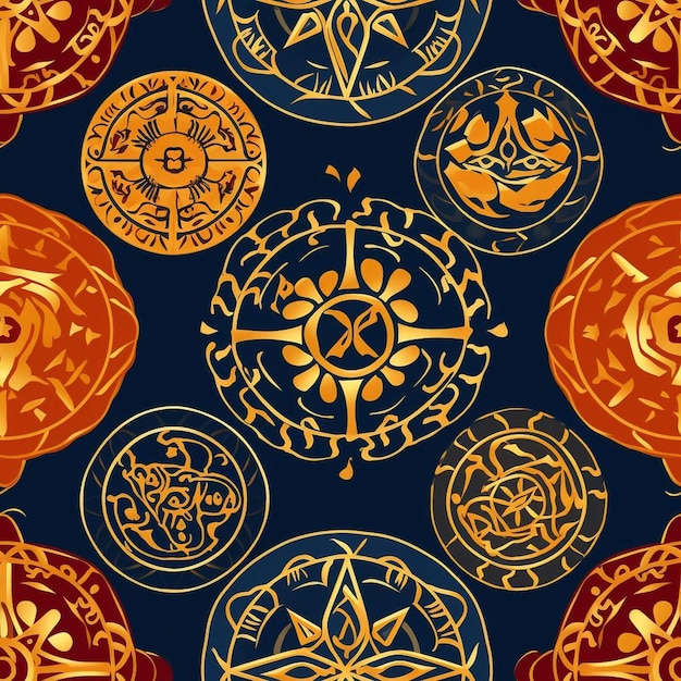 A colorful pattern with a gold leaf and a symbol of the year.