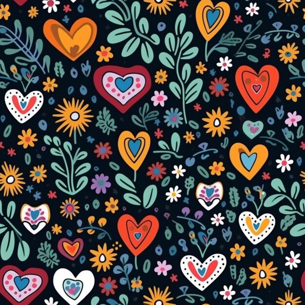 A colorful pattern with hearts and flowers.