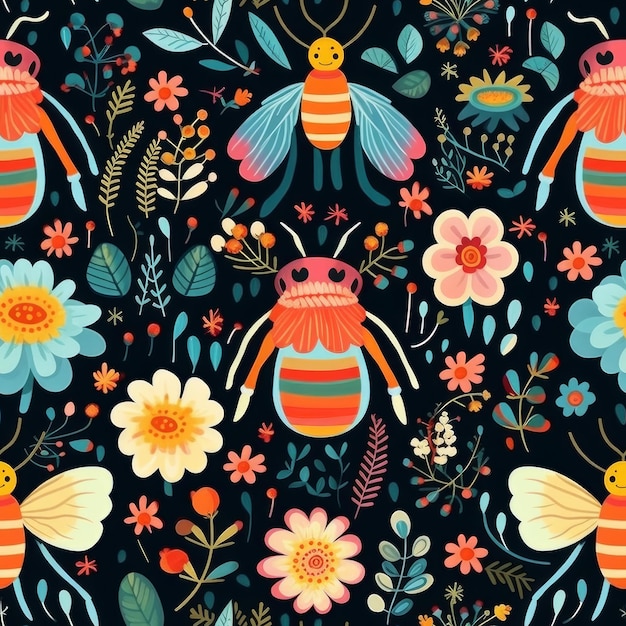 A colorful pattern with insects and flowers.