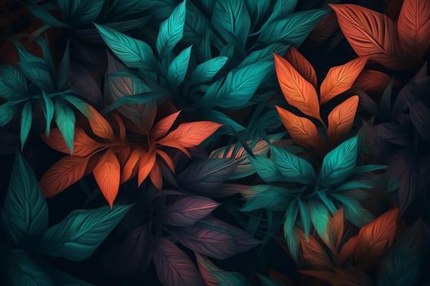 A colorful pattern with leaves on a dark background.