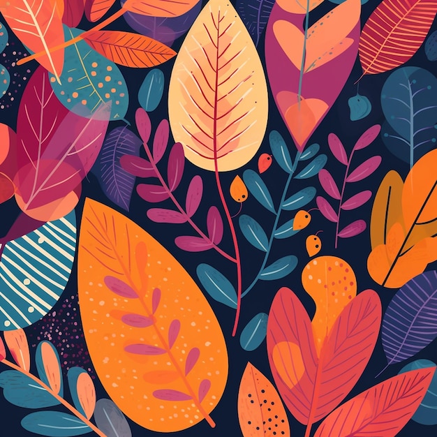 A colorful pattern with leaves and flowers.