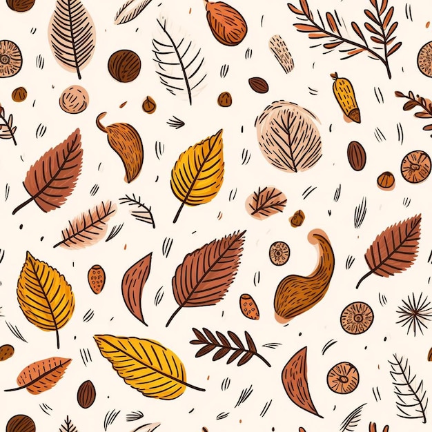A colorful pattern with leaves and trees on a white background.