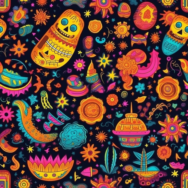 A colorful pattern with mexican symbols and symbols generative ai