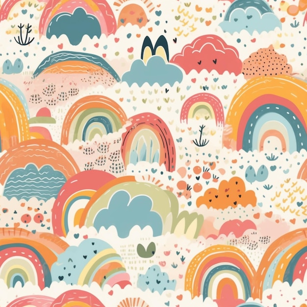 A colorful pattern with a picture of a rainbow and clouds.