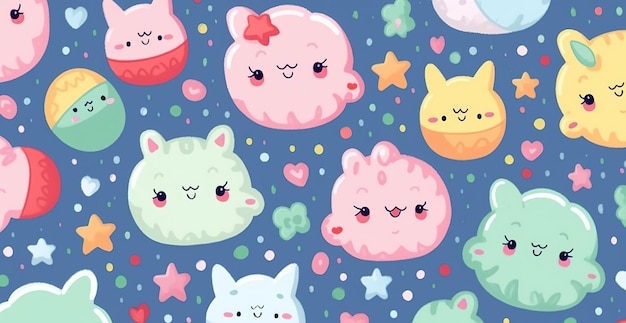 A colorful pattern with a pink and green character with a pink and white face and a pink cloud with a star on it.