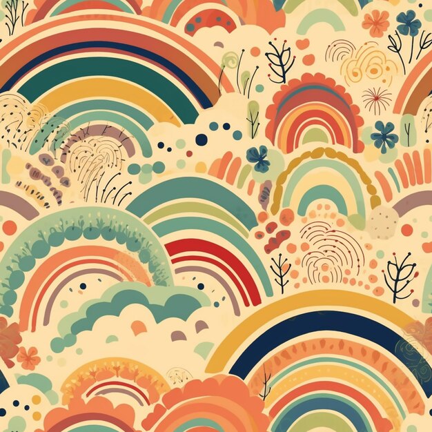 A colorful pattern with a rainbow and flowers.