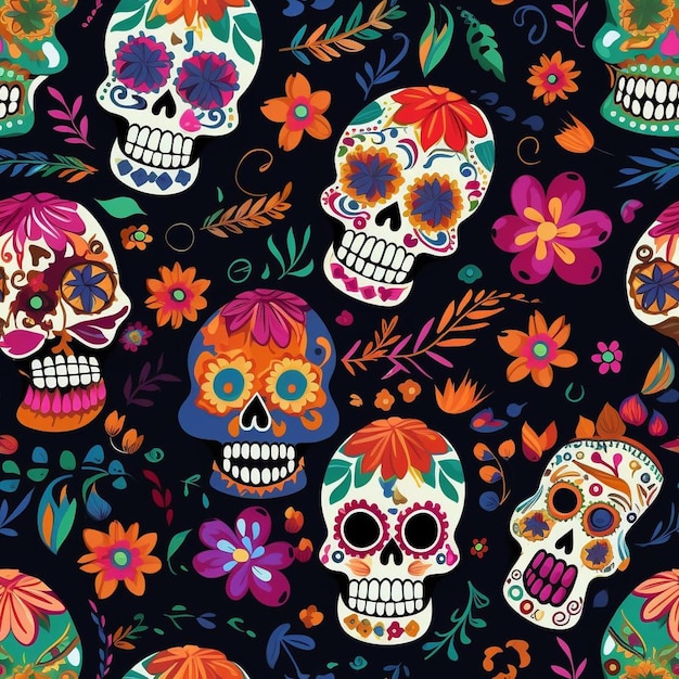 A colorful pattern with skulls and flowers.