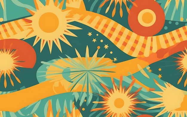 A colorful pattern with sun and trees in the background