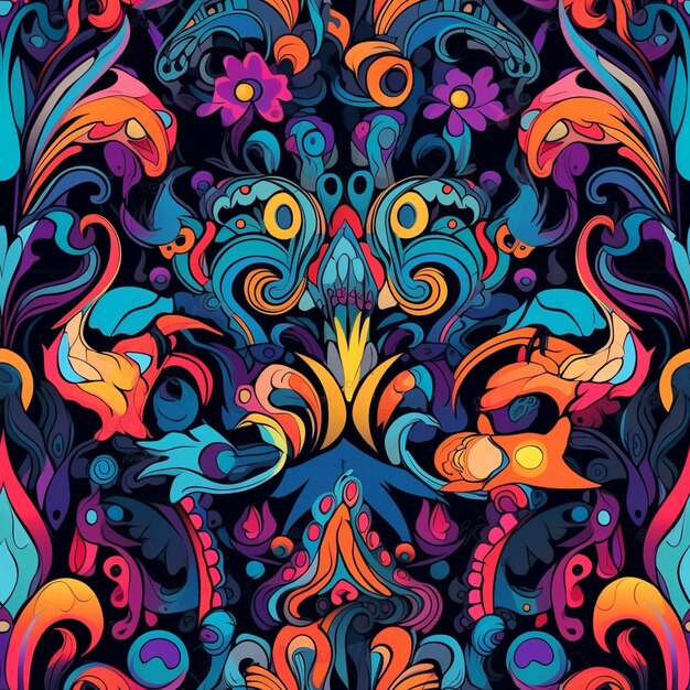 Photo a colorful pattern with swirls and flowers on a black background generative ai