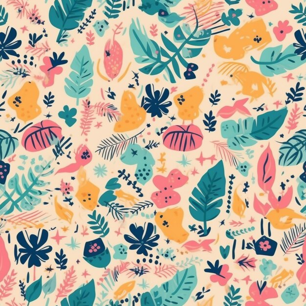 a colorful pattern with tropical leaves and animals generative ai