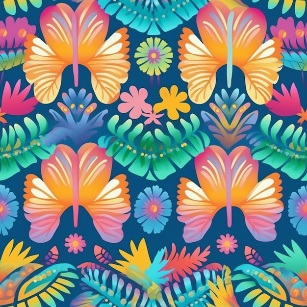 A colorful pattern with tropical leaves.