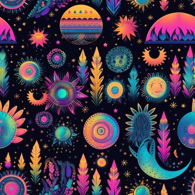 A colorful pattern with a variety of plants and animals generative ai