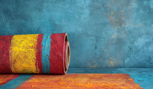 Photo colorful patterned yoga mat on textured blue background