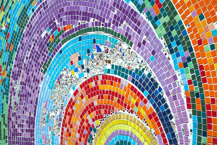 Colorful patterns of beautiful ceramics on the walkway.
