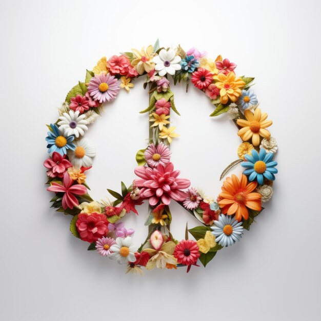 Foto un colorato segno di pace con fiori e rami una natura morta fotorealista
