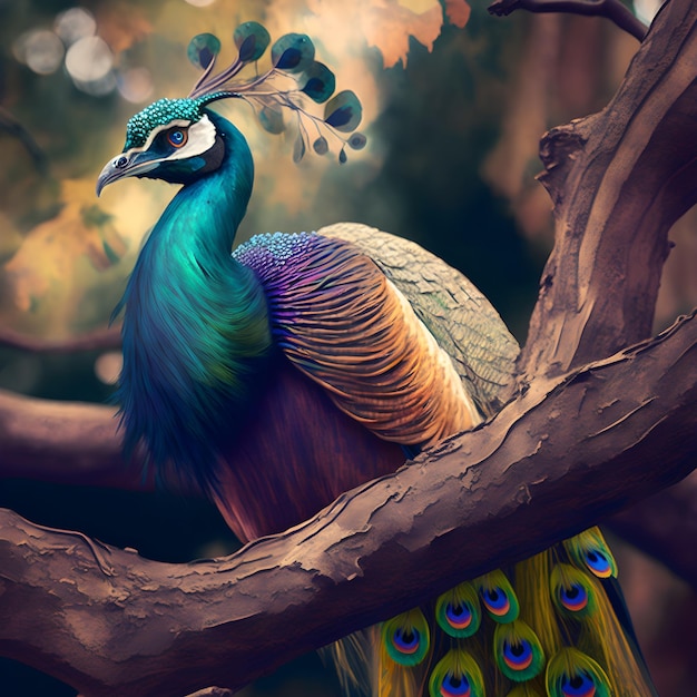 A colorful peacock is sitting on a tree branch.