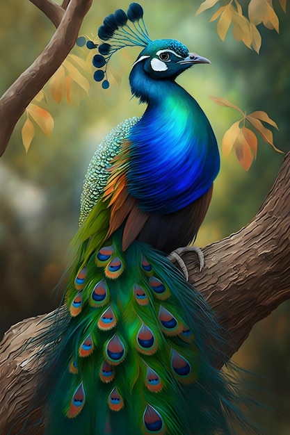 A colorful peacock is sitting on a tree branch.