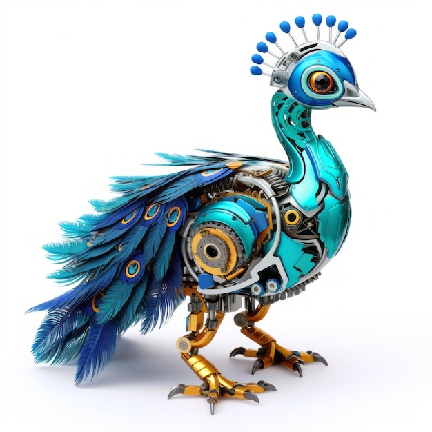 Colorful peacock robot robotic bird isolated over white background