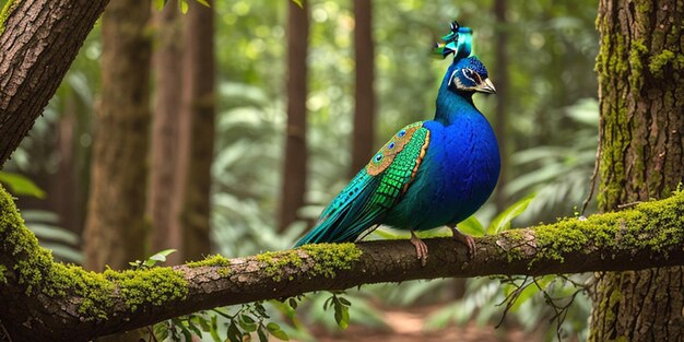 A colorful Peacock sits on a branch in the forest