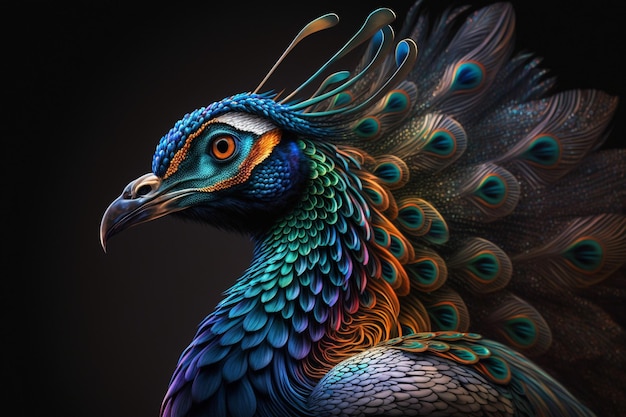 A colorful peacock with a black background.