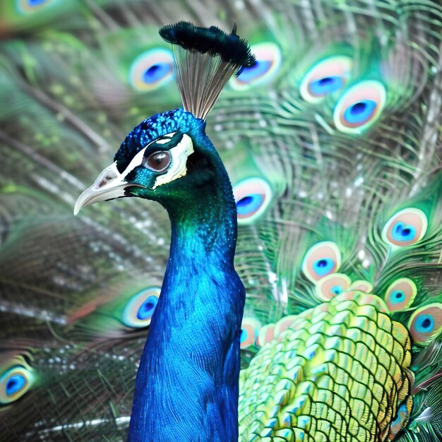 A colorful peacock with a blue and green tail