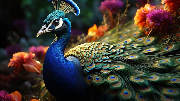 A colorful peacock with a blue and green tail