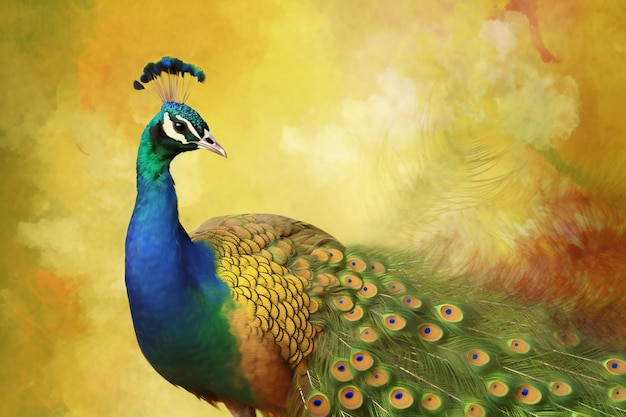 A colorful peacock with a green tail and blue feathers.