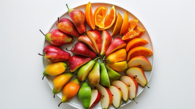 Colorful pears and slices in the dish on a white background