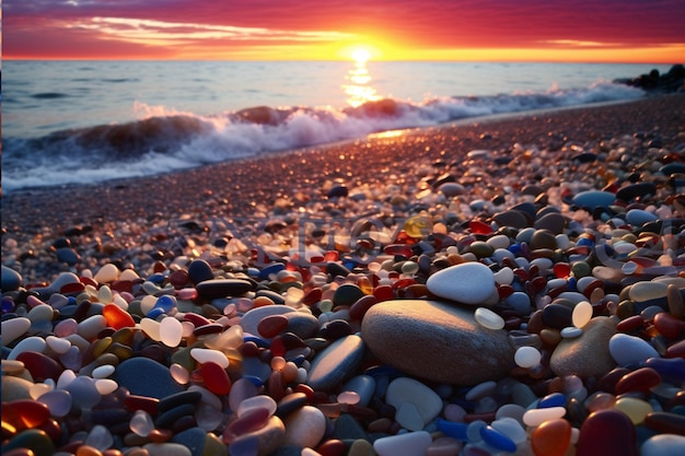 Colorful pebble stones on the beach at sunset or sunrise