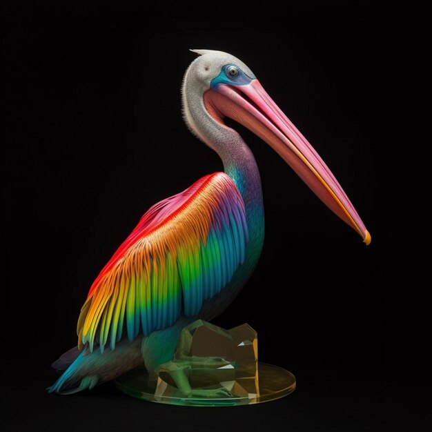 A colorful pelican statue with the word pelican on it