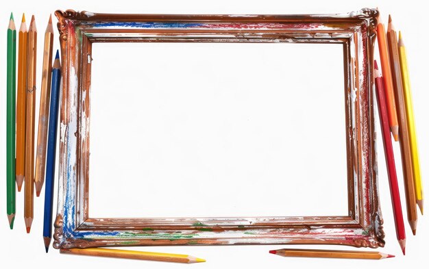 Photo colorful pencil array along frame isolated on white background generative ai