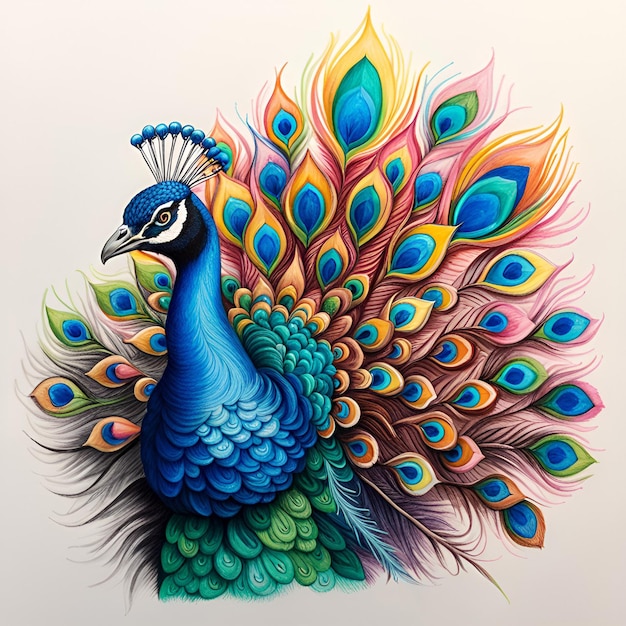 Colorful pencil crayons drawing of a peacock