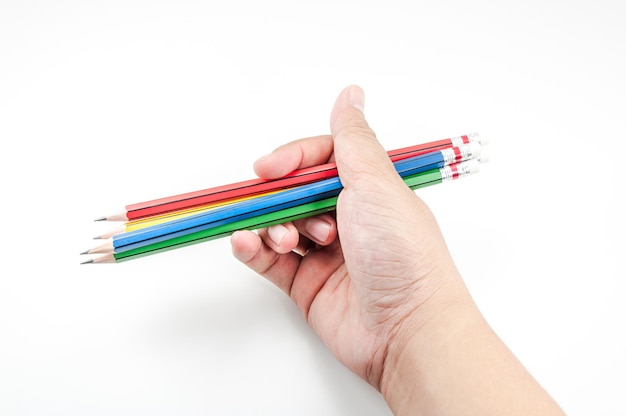 Colorful Pencil in fist power of written word on white background