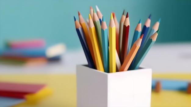 A colorful pencil holder sits on a desk with a blue background.
