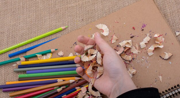 Colorful pencil shavings in hand