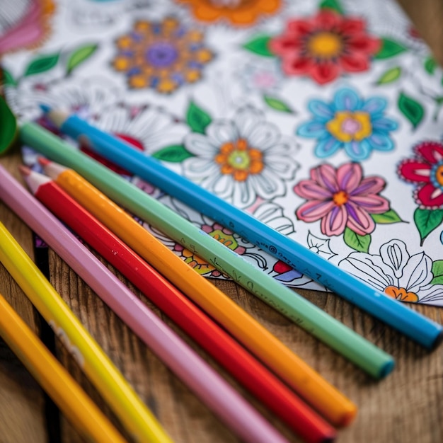 a colorful pencil sits next to a colorful paper with a flower pattern