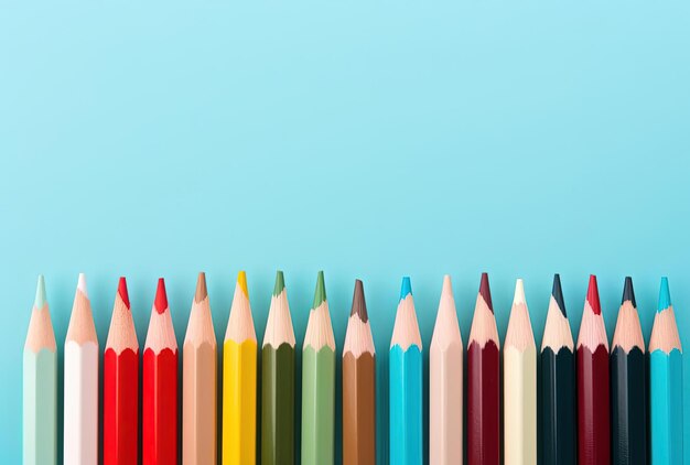 다채로운 연필은 밝은 아쿠아마린과 갈색의 스타일로 파란색 배경 근처에 배열되어 있습니다.