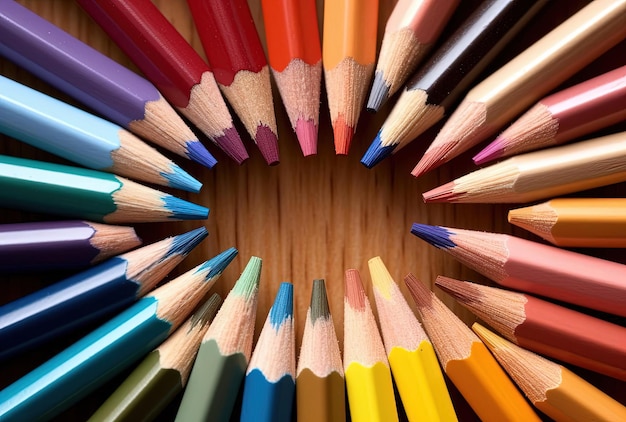 colorful pencils in a circle with blue line in the style of light yellow and light maroon