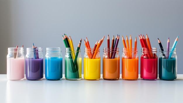 Colorful pencils in glass jars on a white table with copy space