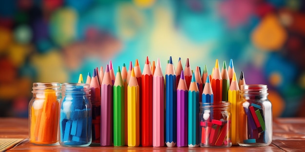 Colorful pencils in glass jars on wooden table Back to school concept