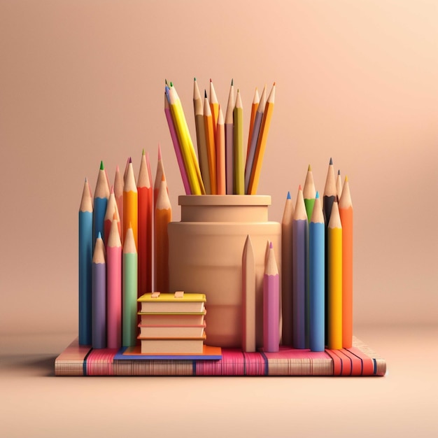 Colorful pencils in a vase and books on a brown background