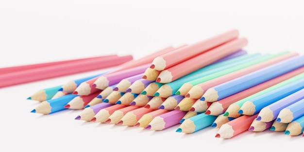 Colorful pencils on white background, closeup, 3d render