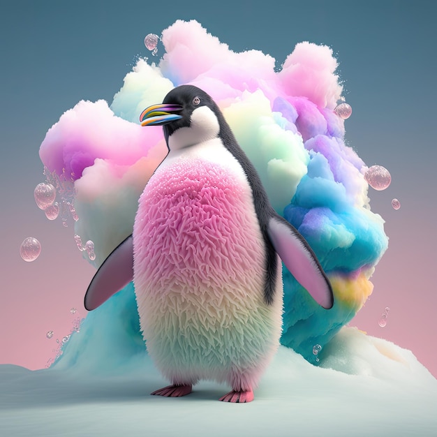 Colorful penguin with pastel colors Cottony hair Color background Generative AI