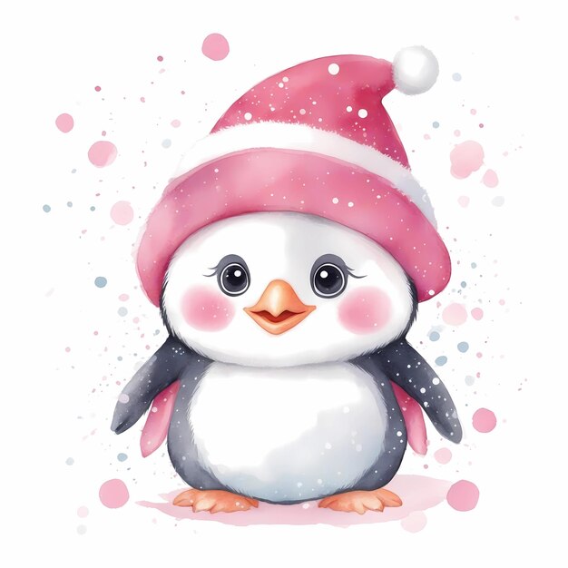 カラフルなペンギン クリスマスの水彩画
