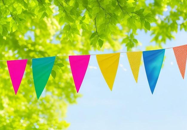 Colorful pennant string decoration in green tree foliage on blue sky summer party background templa