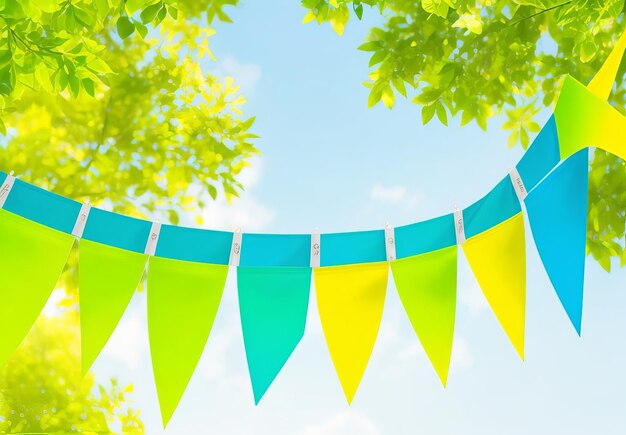 Colorful pennant string decoration in green tree foliage on blue sky summer party background templa