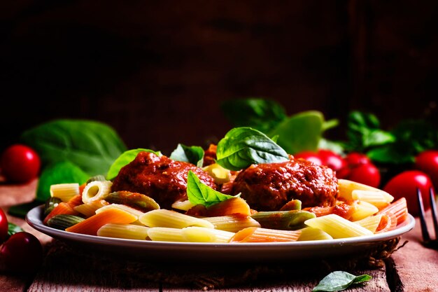 Colorful penne pasta with meatballs in tomato sauce with basil vintage wooden background selective focus