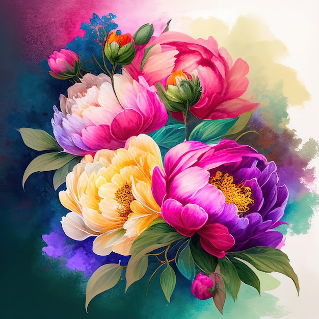Photo colorful peony flowers in watercolor painting style, floral background